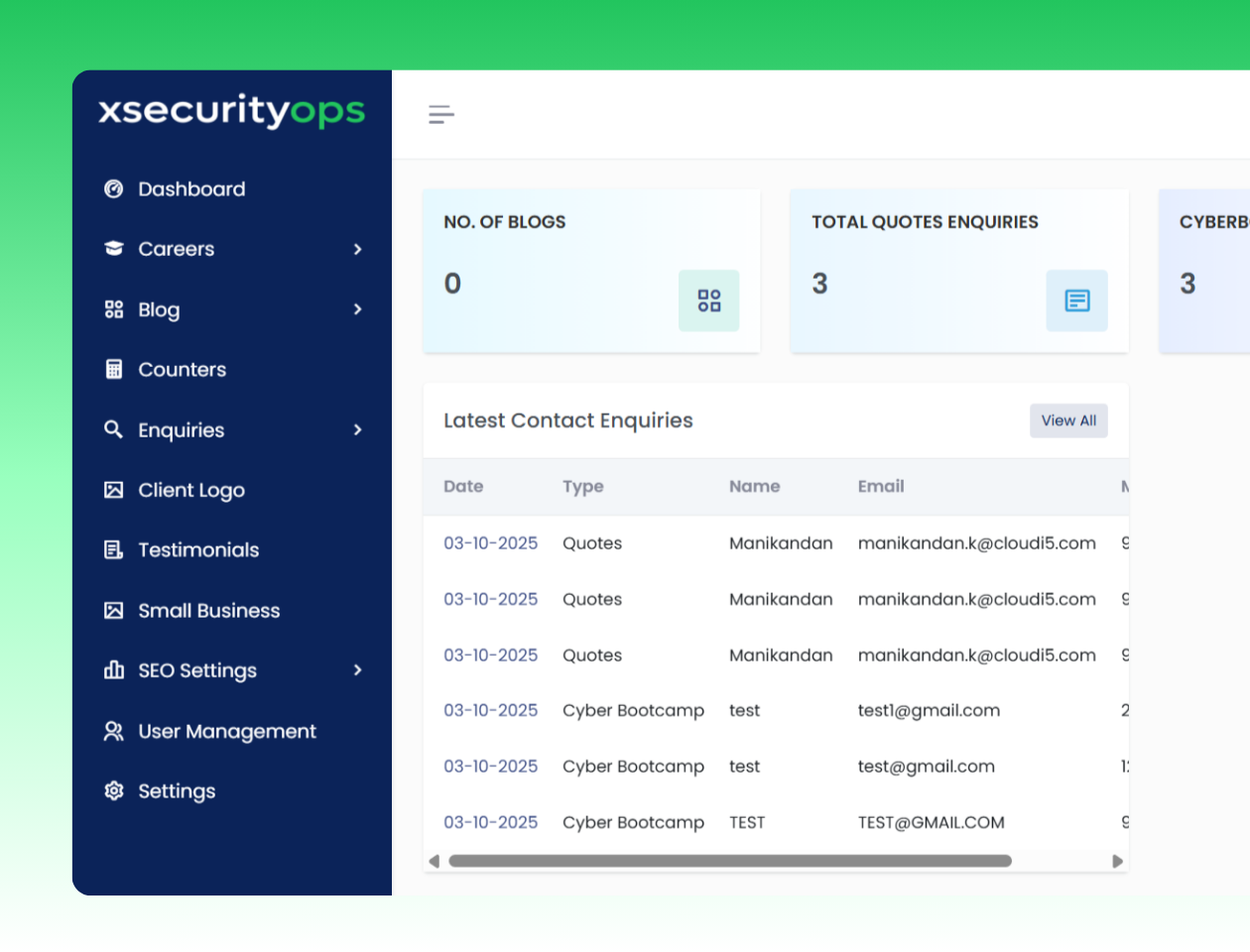 xsecurityops — Corporate website with an admin console for blogs, careers, enquiries and SEO settings.