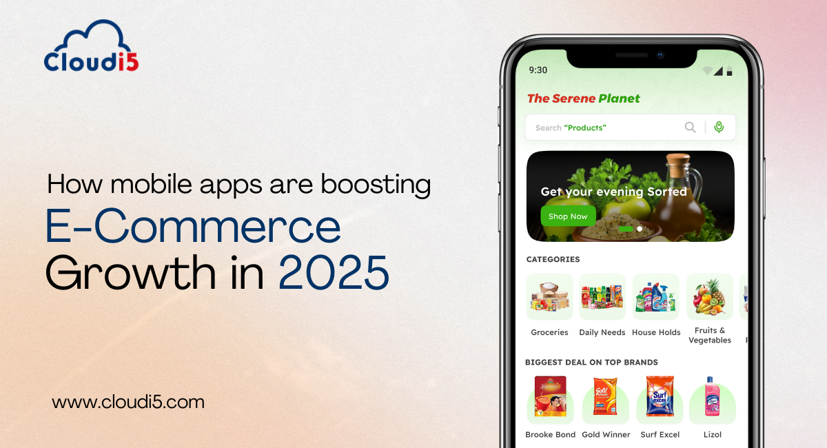 Promotional banner by Cloudi5 showcasing how mobile apps are boosting e-commerce growth in 2025, featuring a smartphone with a shopping app interface and product categories