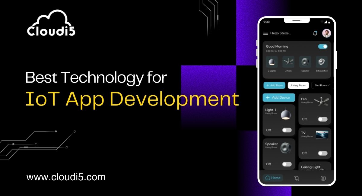 Cloudi5 Technologies banner showcasing 'Best Technology for IoT App Development' with a smart home control app interface on a smartphone screen.